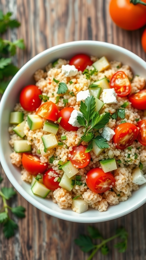 A colorful quinoa salad with cucumbers, tomatoes, parsley, and feta cheese, presented in a white bowl on a wooden table.